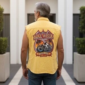 Bikerwear Mens 2X Yellow Sleeveless Shirt Bike Week Daytona Beach 2014 Denim
